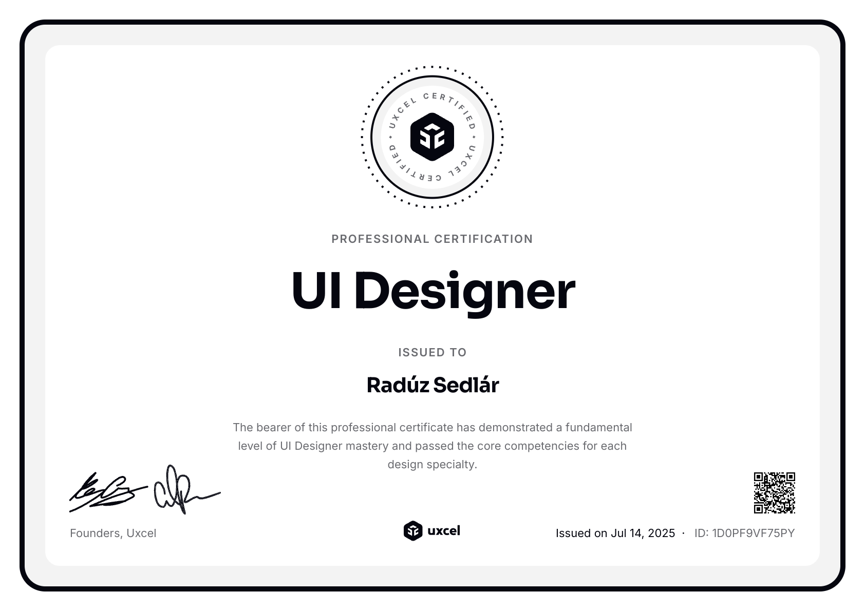 Radúz Sedlár's certificate